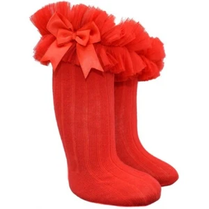 Calcetines Tu-Tu Niñas Rojo Acanalados Rodilla Organza Española Encaje Arco Satén 12-18 Meses - Imagen 1 de 6
