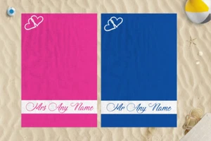 2x Personalised Heart Mr & Mrs Design Microfibre 58x39" Beach Towel Wedding Gift - Picture 1 of 1