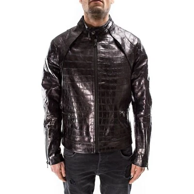 Black Alligator Crocodile Pattern textured on genuine cowhide leather Jacket - Image 1 of 4