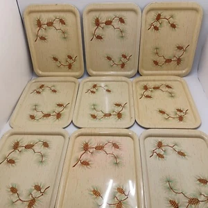 Vintage Metal Serving Trays Tan Spring Summer Fall Pinecones Set of 9 Trays - Picture 1 of 13