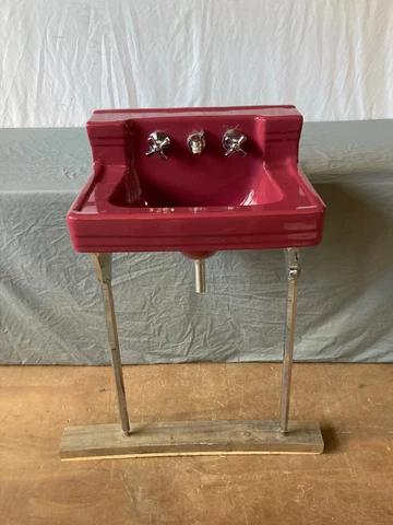 Vtg Deco Burgundy Red Porcelain Wall Sink Chrome legs Old Standard 290-22E Cover
