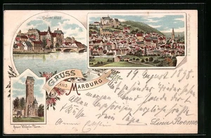 Lithographie Marburg, Gesamtansicht, Teilansicht mit Universität 1898 - Picture 1 of 2
