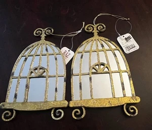 Victorian Style Christmas Ornaments Antique Gold Birdcage W/Faux Mirror Set of 2 - Picture 1 of 3