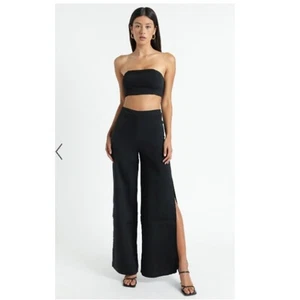 Showpo Pants Womens 6 Black High Rise Wide Leg Side Slit Sleek Evening Event - Picture 1 of 12