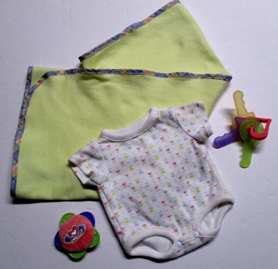 American Girl Bitty Baby 2003 Bodysuit Onsie Yellow Blanket Toy Keys Set - Image 1 of 4
