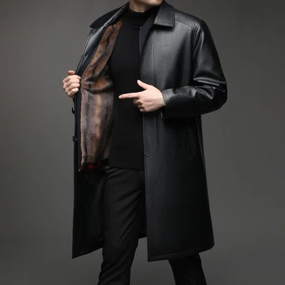 Winter Men's Mink Fur Liner Trench Coat Business Sheepskin Overcoat Jacket Warm - Image 1 of 4