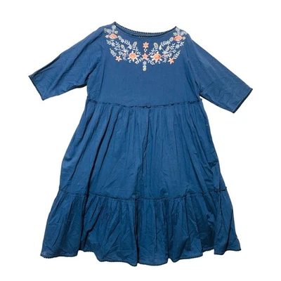 eShakti Wayward Francies Blue Floral Embroidery Pom Trim Prairie Midi Dress 16 - Image 1 of 4