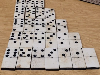 ORIGINAL ANTIQUE DOMINOES SET BONE & EBONY COMPLETE 28 TILE SET - Image 1 of 4