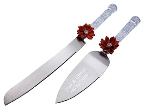Wedding Cake Knife Server Set Red Bow – Free Engraving Gift by GIFTS INFINITY - Picture 1 of 2