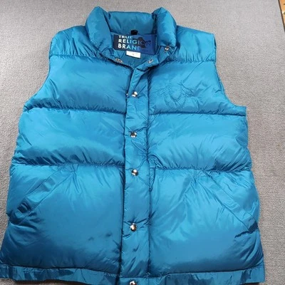 Chaleco acolchado True Religion plumón de ganso adulto S pequeño azul bordado plumón de ganso Foto 1 de 4