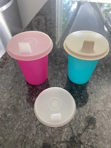 TUPPERWARE Pink & Teal BELL tumblers 109 sippy ~ Sippie lids 1552 & 2549 - Picture 1 of 4