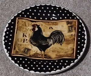 Sakura Retro Rooster plate VTG salad  polka dot border Kimberly Poloson designer - Picture 1 of 2