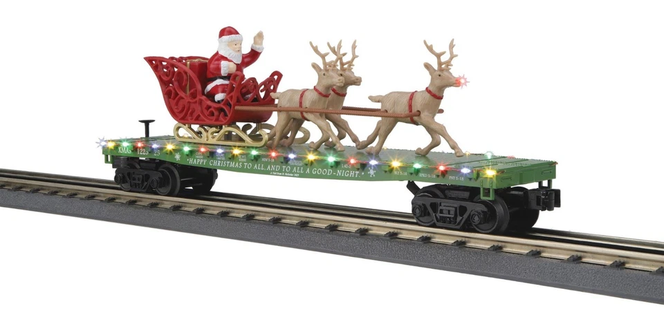 MTH RAILKING 30-76940 CHRISTMAS FLAT CAR W/REINDEER & SANTA SLEIGH NIB - Image 1 of 1