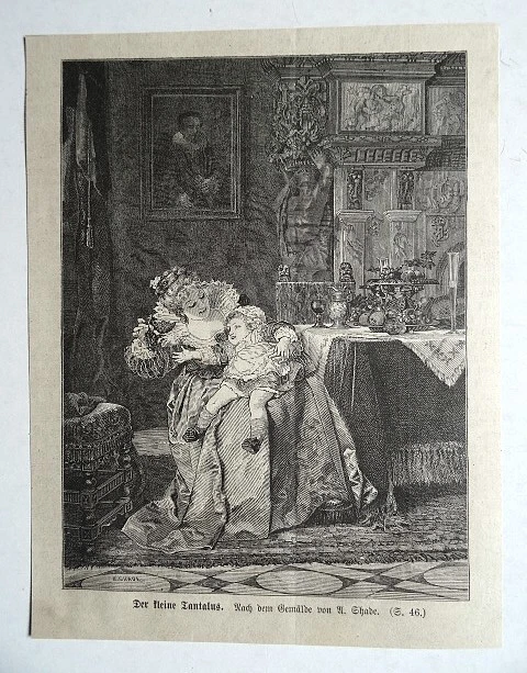 Der kleine Tantalus. Gemälde von A. Shade. Mutter, Kind, Baby Holzstich von 1879 - Bild 1 von 1