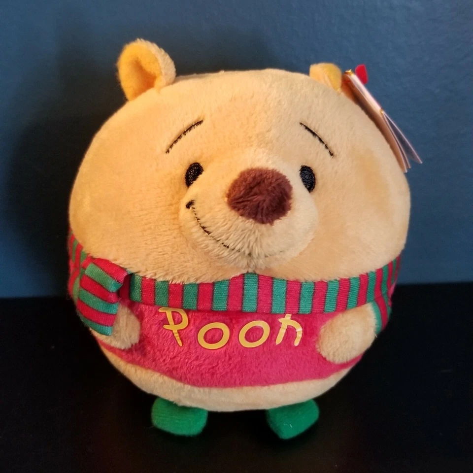 TY Disney Pooh Bear Winnie The Pooh with scarf Beanie Ballz New with Tags  - Image 1 of 4