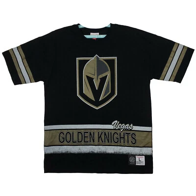 Camisa Vegas Golden Knights Mitchell & Ness NHL L grande listrada arte preta nova com etiquetas - Imagem 1 de 4