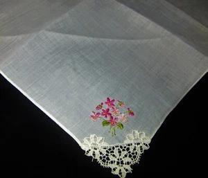 Vintage Hankie Embroidered Pink Floral & Lace Corner Accent Snow White Backdrop - Picture 1 of 2