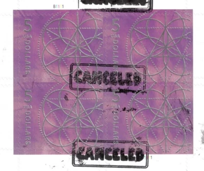 CANCELED POSTAL COUNTERFEIT SHEETLET OF 4 FOR STUDY $5 FLORAL GEOMETRY - Image 1 of 2