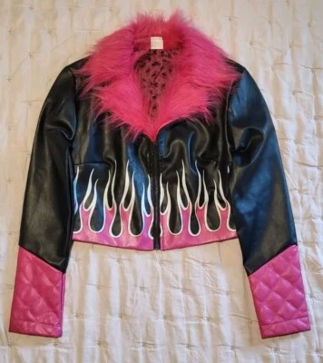 Spirit Halloween Bratz Faux Leather Black Pink Crop Jacket With Flames Faux Fur - Image 1 of 4