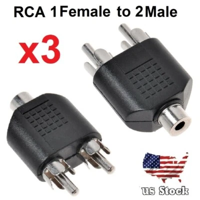 3 Pcs Male RCA/Phono to 2-way Female RCA Splitter/Adapter Gold Plated Audio/Vide - Image 1 of 4
