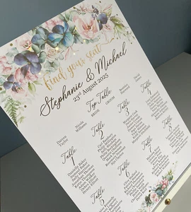 Navy blue flowers WEDDING table seating PLAN blush pink peonies sign foliage - Picture 1 of 6