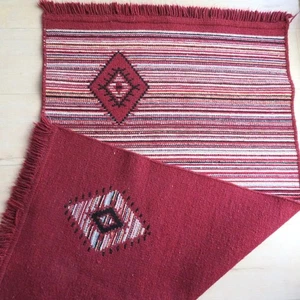 Hand Woven Reversible Red & Multicolor Wool Rug Diamond Pattern Fringed Edge - Picture 1 of 13
