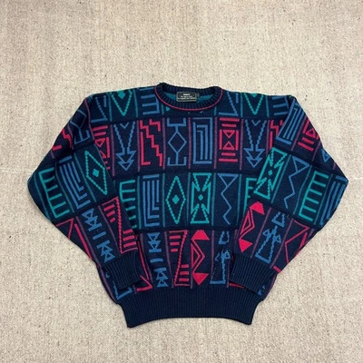 Vintage Sears Sweater Mens Large Blue 1980s Argyle Aztec - Image 1 of 4
