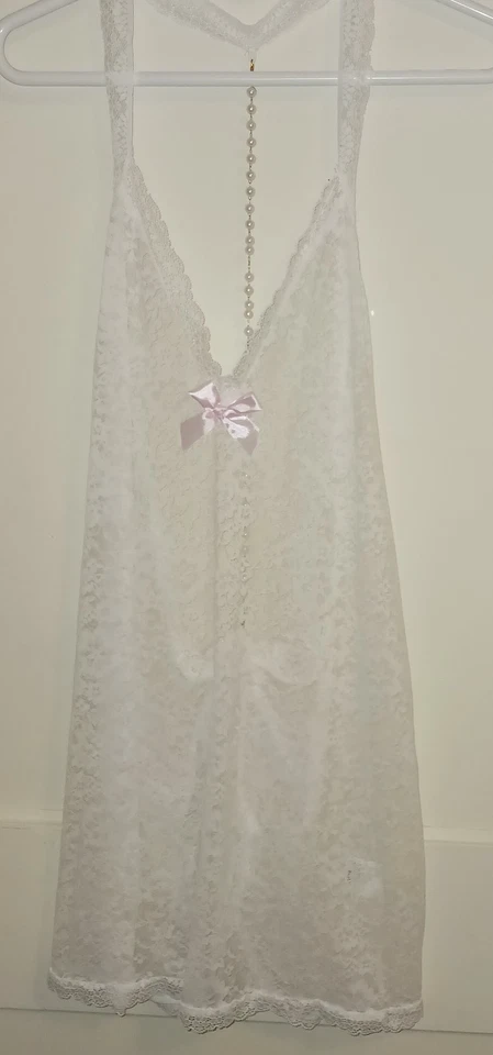 WHITE LACE PEARL BACK NEGLIGEE PINK BOW WOMEN SIZE 2XL - Image 1 of 3