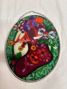 Vintage Glass Suncatcher Joan Baker Stocking Oval 7" Comes with Suction Cup - Picture 1 of 5