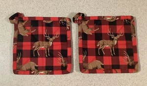 SET OF 2 KITCHEN CABIN RV RED BUFFALO PLAID 7.5" HAND CRAFTED DEER POT HOLDERS - Picture 1 of 4