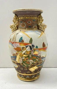 Satsuma Pottery Vase - Raised Gisha Motif 13 inch Tall Japanese Stoneware - Picture 1 of 6