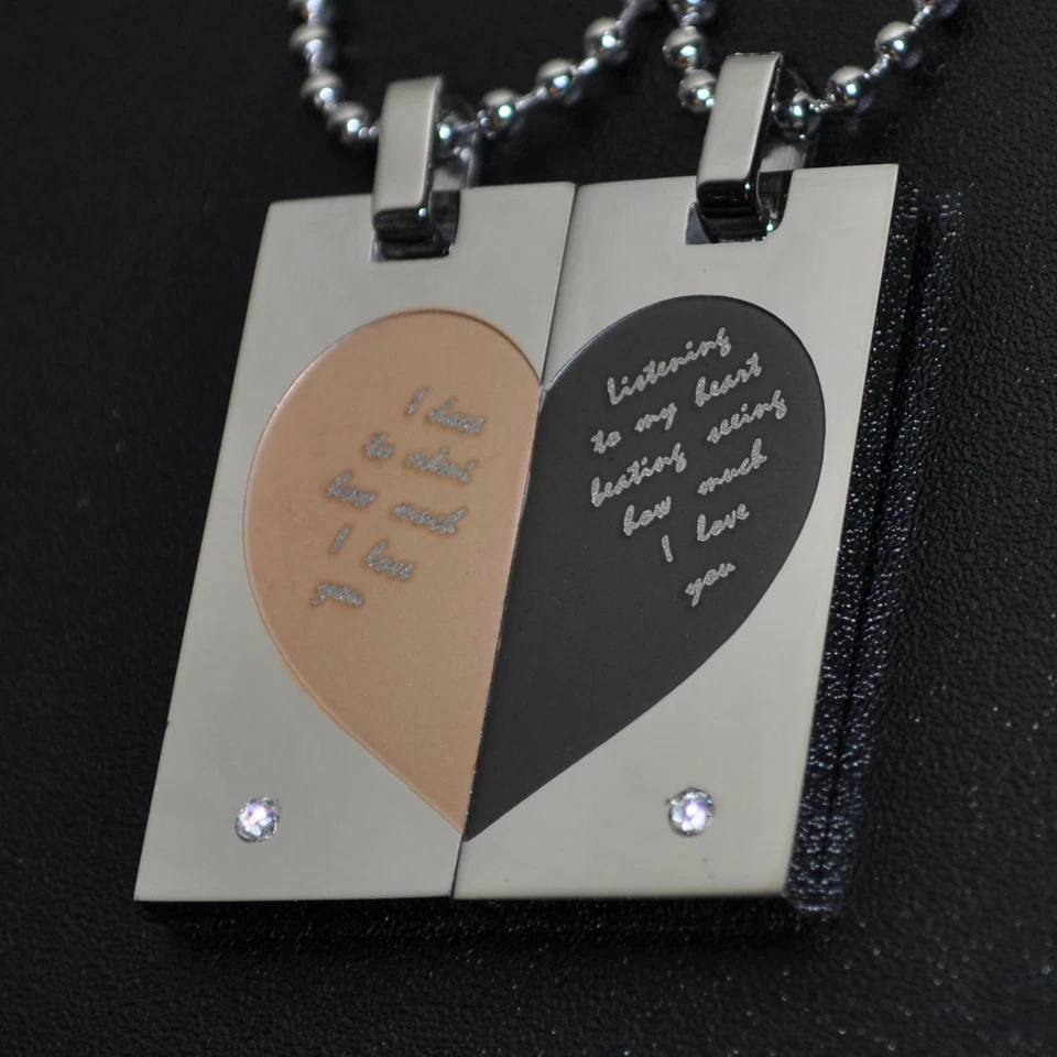 Partnerkette Herz Edelstahl Straß 2 Partner Anhänger + 2 Ketten LOVE YOU schwarz - Bild 1 von 1