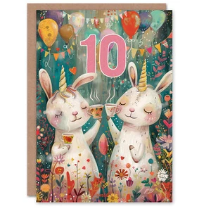 Birthday Card Cute Bunny Rabbit Unicorn Balloons Forest Party 10th 10 Year Old - Picture 1 of 6