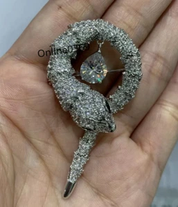 Synthetic White Cubic Zirconia Men's Small Snake Brooch White Gold Plated Silver - Picture 1 of 6