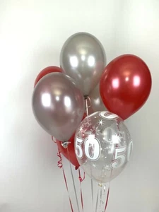 30 Red, Silver and 50th Aged Range Pearlised Latex Balloons with Curling Ribbon - Picture 1 of 1
