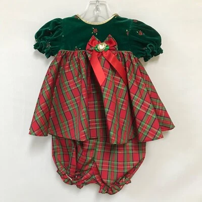 Vintage Baby Togs 3-6 Months Red Green Plaid Dress & Bloomers Holiday Party - Image 1 of 4