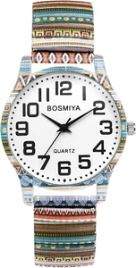 Stretch Band Watches for Women: Bohemia Flower Easy Reader Elastic Band Watch La - Picture 1 of 12