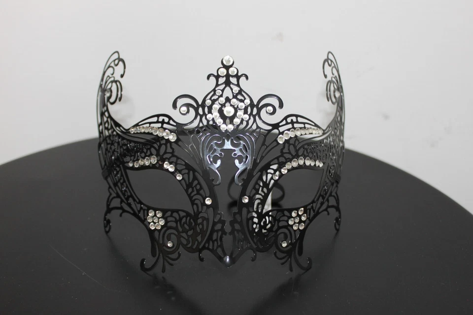 METAL & RHINESTONE MASQUERADE EYE MASK Black Venetian Intricate Halloween Adult - Image 1 of 1