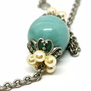 Vintage LIZ CLAIBORNE Ball Pendant Necklace 20 In Silver Tone Chain Faux Pearl - Picture 1 of 6