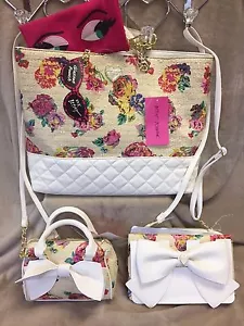 NEW Betsey Johnson 3 Pc SET Floral Mini Satchel Crossbody Shopper Tote Purse Bow - Picture 1 of 5