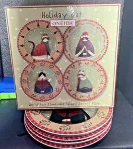 Set of 4 Sakura Cozy Cats Fiddlestix Stoneware Christmas Salad Dessert Plates - Bild 1 von 9