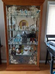 Slender China Cabinet Mirrored back, maple finish 78 h, 40 w 14 d - preowned -