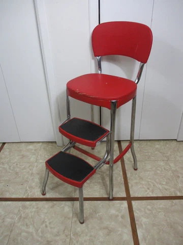 Vtg COSCO Mid-Century Stylaire Red Metal Fold Out Step Stool Chair Chrome Legs Cover