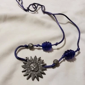 Silvertone Sun & Glass Blue Cobalt Bead Silk Cord VTG boho Artisan Necklace  - Picture 1 of 2