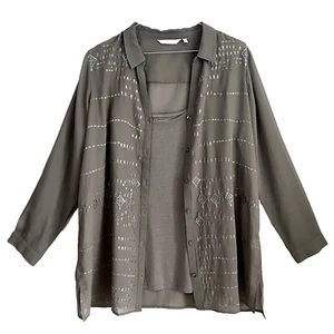 Soft Surroundings Shirt Set Sheer Embroidered Blouse Cami Taupe Women's XL - Picture 1 of 11