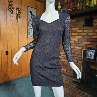 Vtg 80s Black Metallic Eyelash Glitter Goth Club Bodycon Fishnet Lace Dress S/M - Image 1 of 4