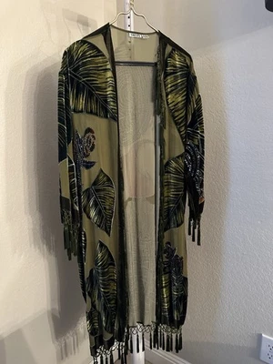 Chicos Wearable Art Silk Velvet Burnout Kimono Duster Bead Sequins Fringe  S/M - Image 1 of 4