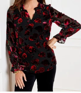 TALBOTS PLUS Rose Burnout Velvet Ruffle Tunic Top Women 2X Whimsigoth Lined - Picture 1 of 14