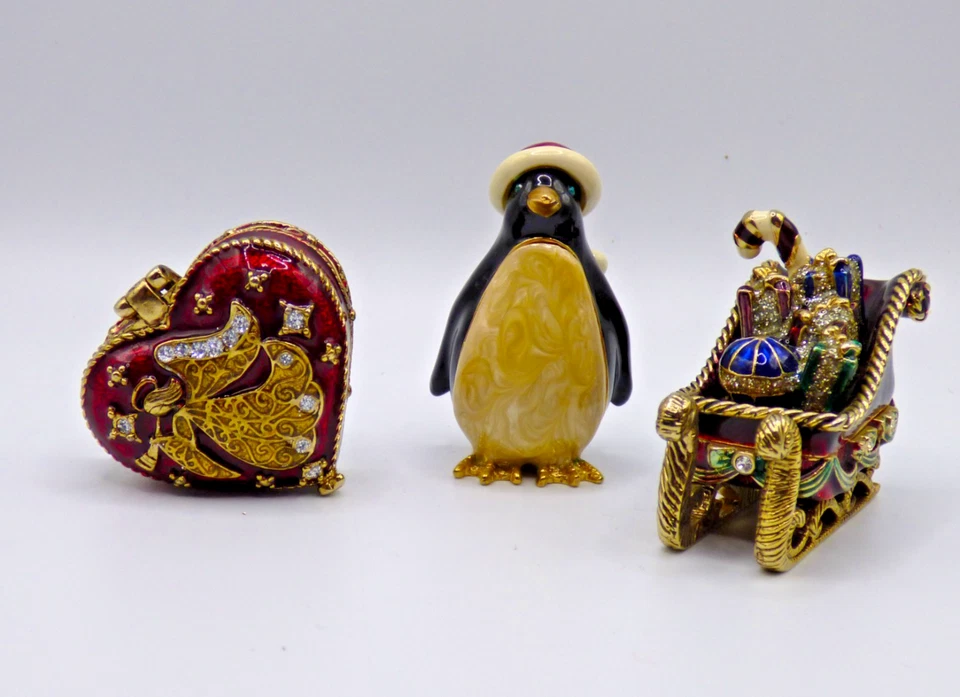 Monet Christmas Holiday Trinket Boxes Lot of 3 - Sleigh, Penguin, Angel Heart - Image 1 of 4