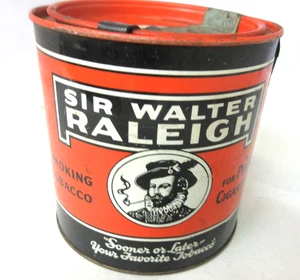 VINTAGE ADVERTISING EMPTY SIR WALTER RALEIGH ROUND CANISTER TOBACCO TIN 408-Z - Picture 1 of 5